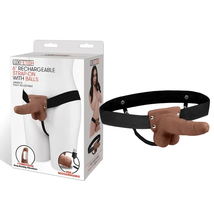 6″ Rechargeable Strap-on With Balls – Brown