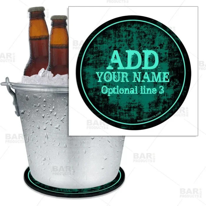 ADD YOUR NAME – Teal Grunge Beer Bucket Coaster