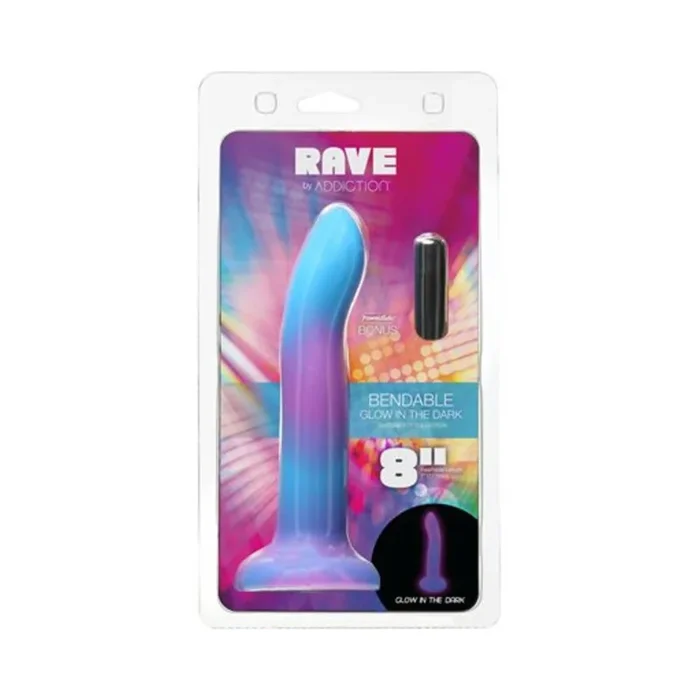 Addiction Rave Bendable 8 inches Silicone Dildo Glow in the Dark Blue Purple