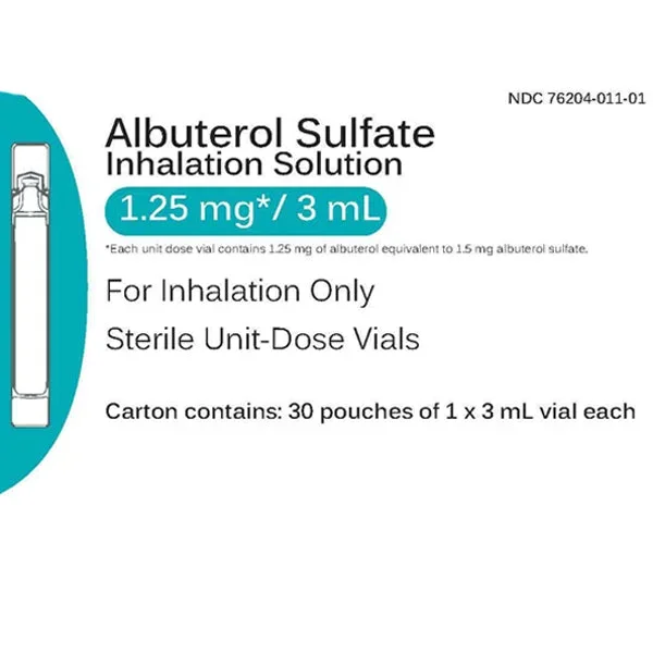Albuterol Sulfate for Inhalation 1.25 mg Sterile Unit Dose Vials 3 mL x 25/Box (Rx)