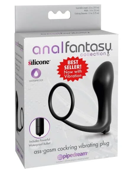 Anal Fantasy Collection Ass-Gasm Cock Ring Vibrating Plug Kit Silicone Waterproof – Black