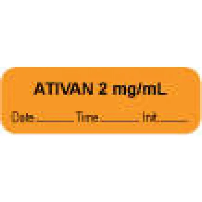 Anesthesia Label With Date, Time & Initial (Paper, Permanent) “Ativan 2 Mg/Ml” 1 1/2″ X 1/2″ Orange – 1000 Per Roll