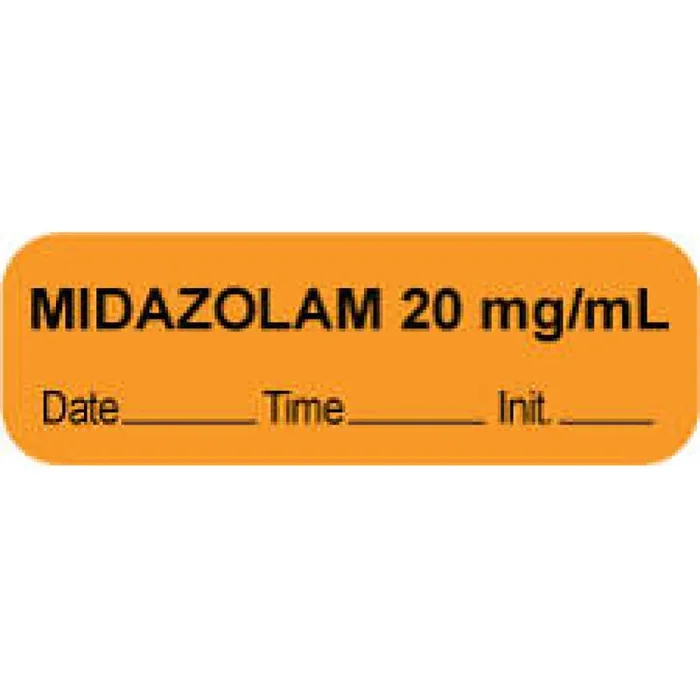 Anesthesia Label With Date, Time & Initial (Paper, Permanent) “Midazolam 20 Mg/Ml” 1 1/2″ X 1/2″ Orange – 1000 Per Roll