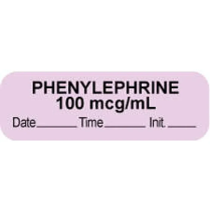 Anesthesia Label With Date, Time & Initial (Paper, Permanent) “Phenylephrine 100 Mcg” 1 1/2″ X 1/2″ Violet – 1000 Per Roll