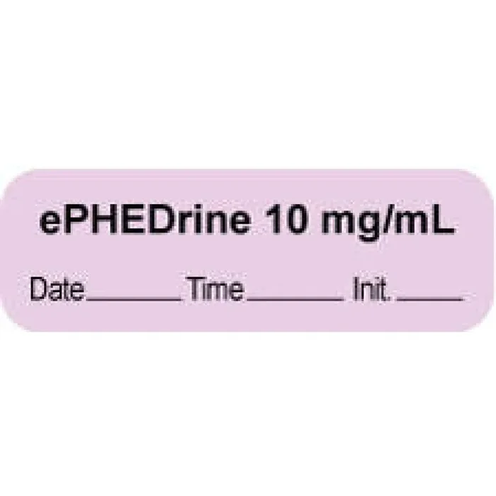 Anesthesia Label With Date, Time & Initial | Tall-Man Lettering (Paper, Permanent) “Ephedrine 10 Mg/Ml” 1 1/2″ X 1/2″ Violet – 1000 Per Roll