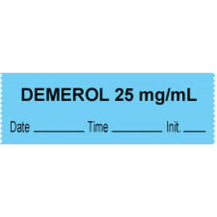Anesthesia Tape With Date, Time & Initial (Removable) “Demerol 25 Mg/Ml” 1/2″ X 500″ Blue – 333 Imprints – 500 Inches Per Roll