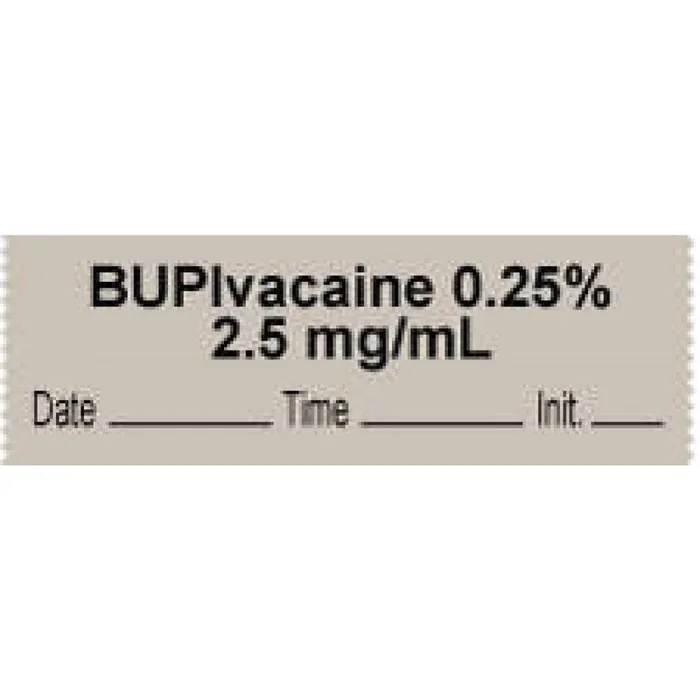 Anesthesia Tape With Date, Time & Initial | Tall-Man Lettering (Removable) “Bupivacaine 0.25% 2.5″ 1/2″ X 500” Gray – 333 Imprints – 500 Inches Per Roll