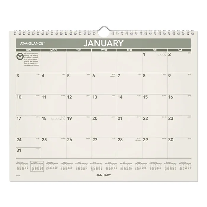 AT-A-GLANCE® Recycled Wall Calendar, Unruled Blocks, 15 x 12, Sand/Green Sheets, 12-Month (Jan to Dec): 2026 (AAGPMG7728) Each