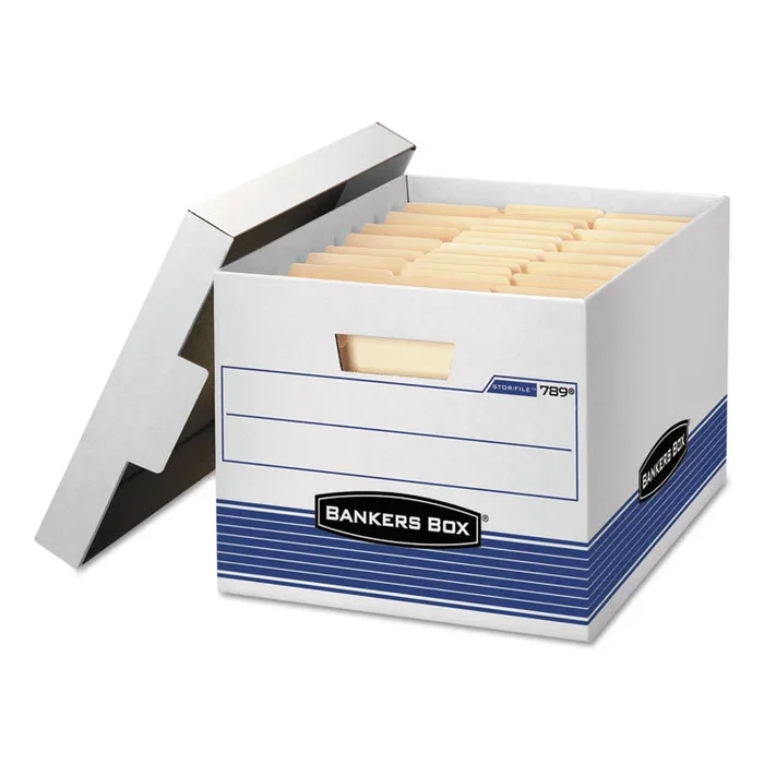 Bankers Box® STOR/FILE Medium-Duty Letter/Legal Storage Boxes, Letter/Legal Files, 12.75″ x 16.5″ x 10.5″, White/Blue, 4/Carton (FEL0078907) Carton of 4 Boxes