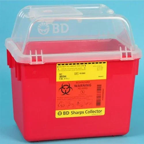 BD Multi-use Nestable Sharps Container, 8qt, Hinge Cap/petals, Red, Clear Top
