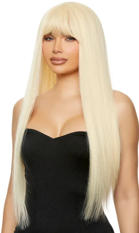Blonde with bangs straight long length synthetic wig.