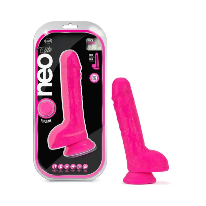 Blush Neo Elite 9 inches Silicone Dual Density Dildo with Balls & Suction Cup Neon Pink