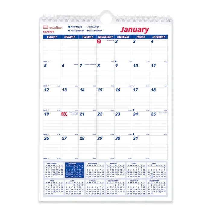 Brownline® Twin-Wirebound Wall Calendar, One Month per Page, 8 x 11, White/Blue Sheets, 12-Month (Jan to Dec): 2026 (REDC171101) Each