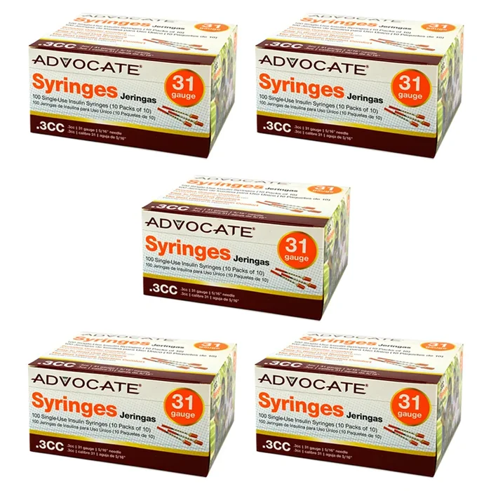 Case of 5 Advocate Insulin Syringes – 31G 3/10cc 5/16″- BX 100