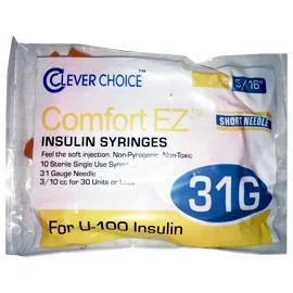 Clever Choice Comfort EZ Insulin Syringes – 31G U-100 1 cc 5/16″ – Polybag of 10 Ct