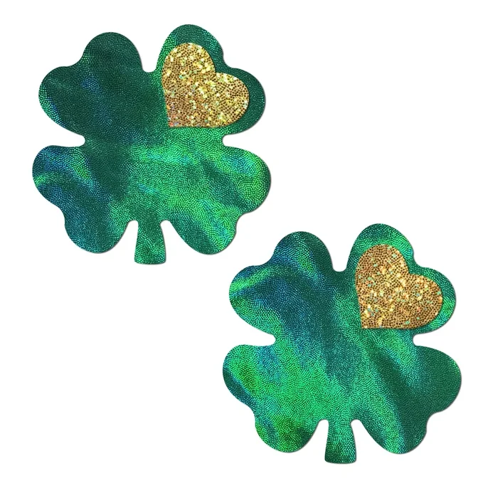 Clover Green Holographic with Glitter Gold Heart Breast Coverings by Pastease