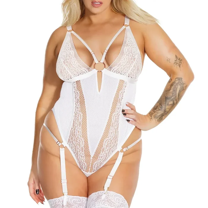 Coquette Lace & Fishnet Gartered Open-Rear Bondage Teddy – Curvy