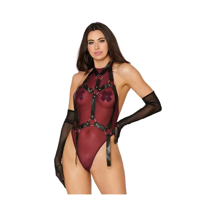 Dreamgirl High-Neck Mesh Teddy & Garter Body Harness Burgundy Black L
