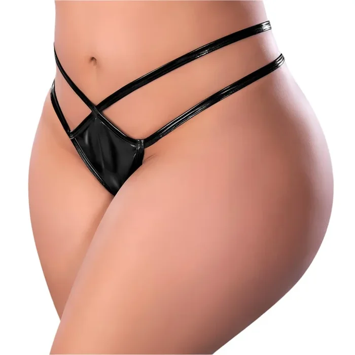 Exposed Liquid Onyx Wet Look Strappy Cutout Crotchless Thong – Curvy