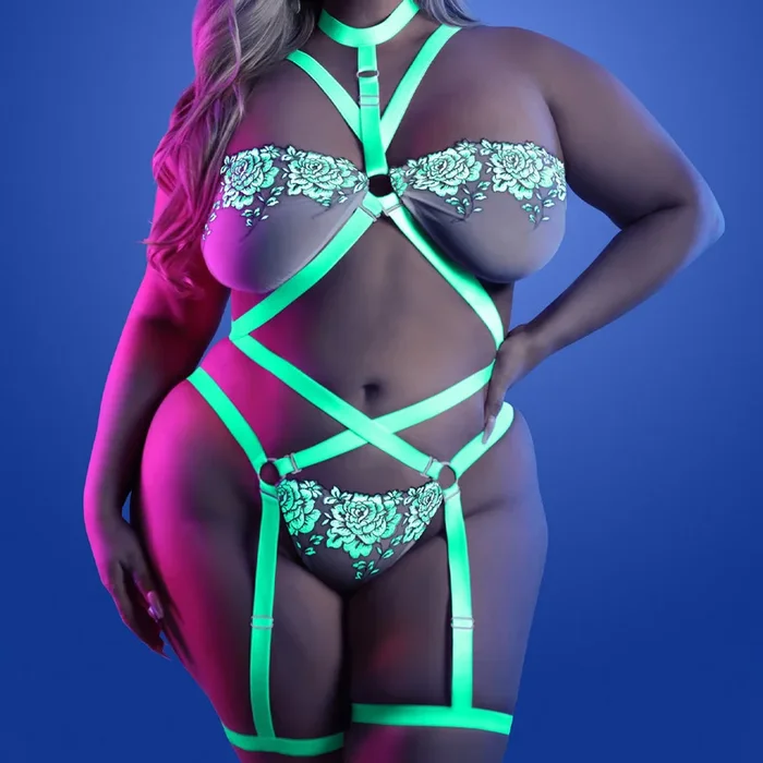 Fantasy Lingerie Glow Night Vision Gartered Cage Strap Teddy – Curvy