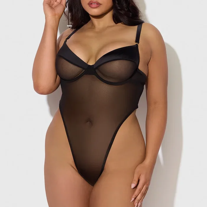House of Desire Raquel Sheer Mesh & Satin Strappy Back Teddy – Curvy
