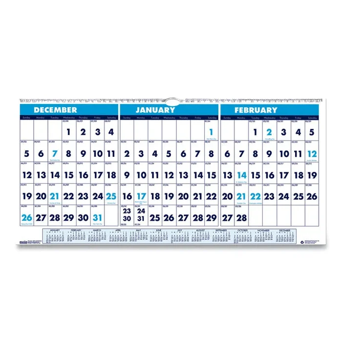 House of Doolittle™ Recycled Three-Month Format Wall Calendar, Horizontal Orientation, 23.5 x 12, White Sheets, 14-Month: Dec 2025 to Jan 2027 (HOD3648) Each