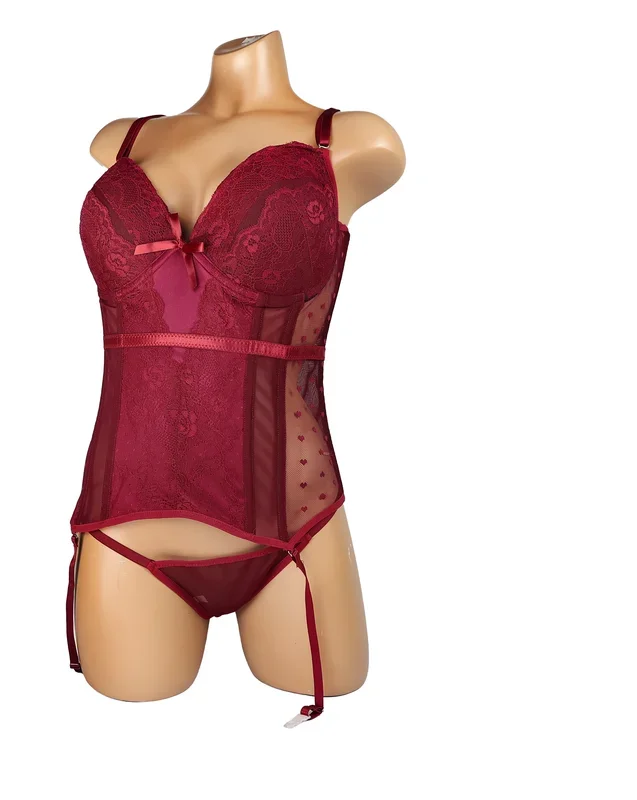 INTERNAL LOVE SATIN AND MESH CORSET RED