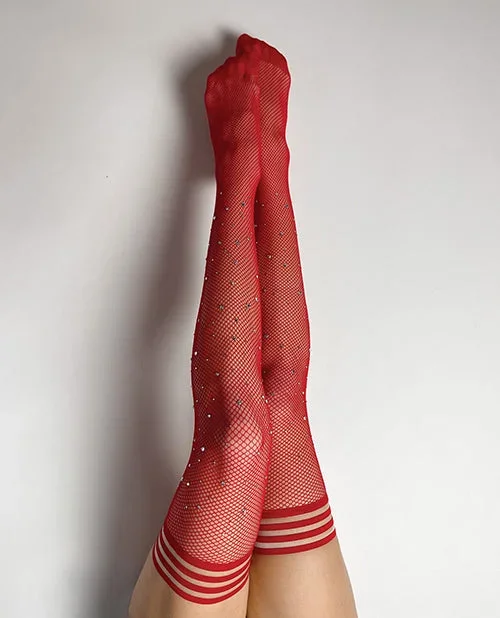Kix’ies Joely Fishnet Rhinestone Thigh High Red (Size A)
