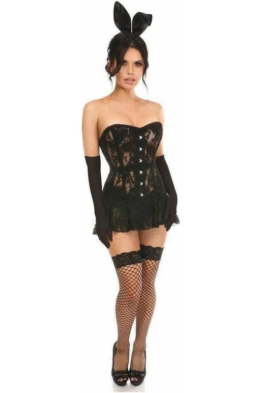 Lavish Black Bunny Costume Set: Corset Dress, Ears, Gloves, Tail, 4-Piece