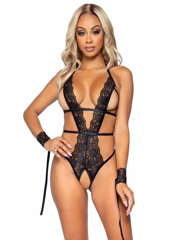Leg Avenue Cage Strap Crotchless Lace Teddy with G-String Back and Open Cup, Tie Back Straps and Restraint Wrist Cuffs