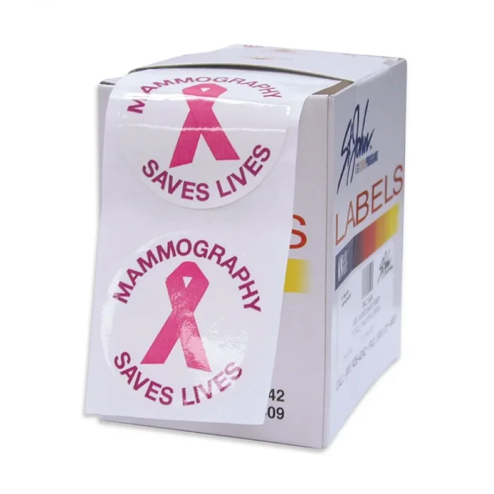 Mammography Marketing Aid Mammography Sticker Circle With Ribbon Design “Mammography Saves Lives” Pink And Purple Paper 2″ – 250 Per Roll