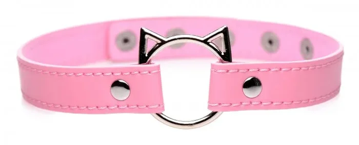 Master Series Kinky Kitty Ring Slim Choker – Pink Faux Leather Collar for Kitty Play