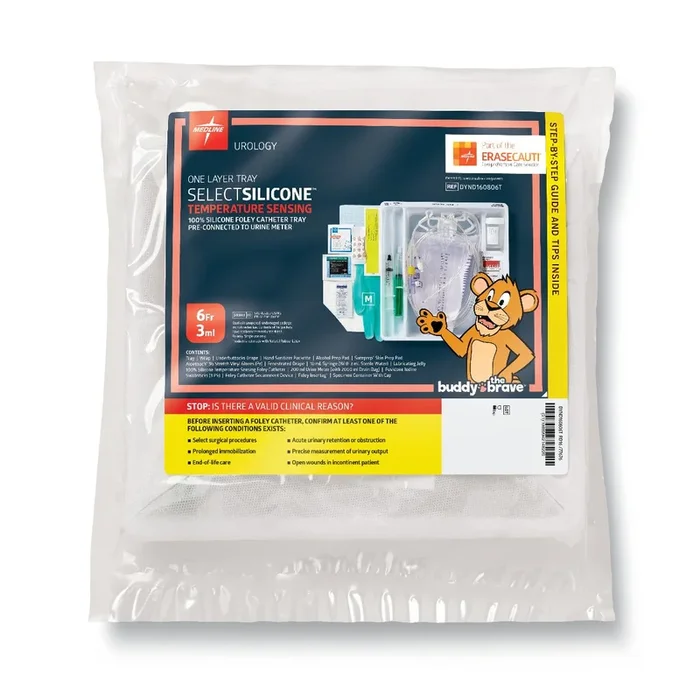Medline Pediatric 100% Silicone Temperature-Sensing Foley Catheter Tray – Total One-Layer Tray with 400 mL Urine Meter with 2, 500 mL Drain Bag, 100% Temperature-Sensing Silicone Foley Catheter, 8 Fr, 5 mL, Peri Wipe – URO170808T