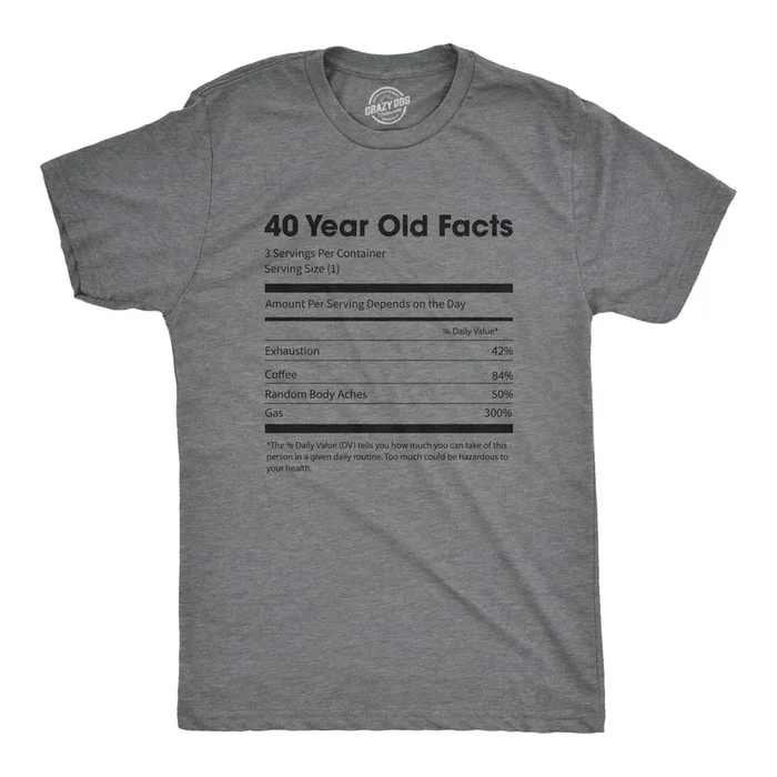 Mens 40 Year Old Facts Tshirt Funny Forties Nutrition Label Coffee Birthday Tee