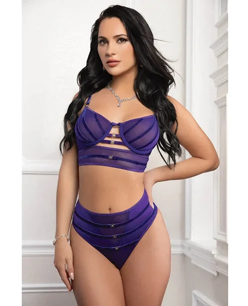 Mesh Underwire Velour Accent Bra Set – Purple O/S
