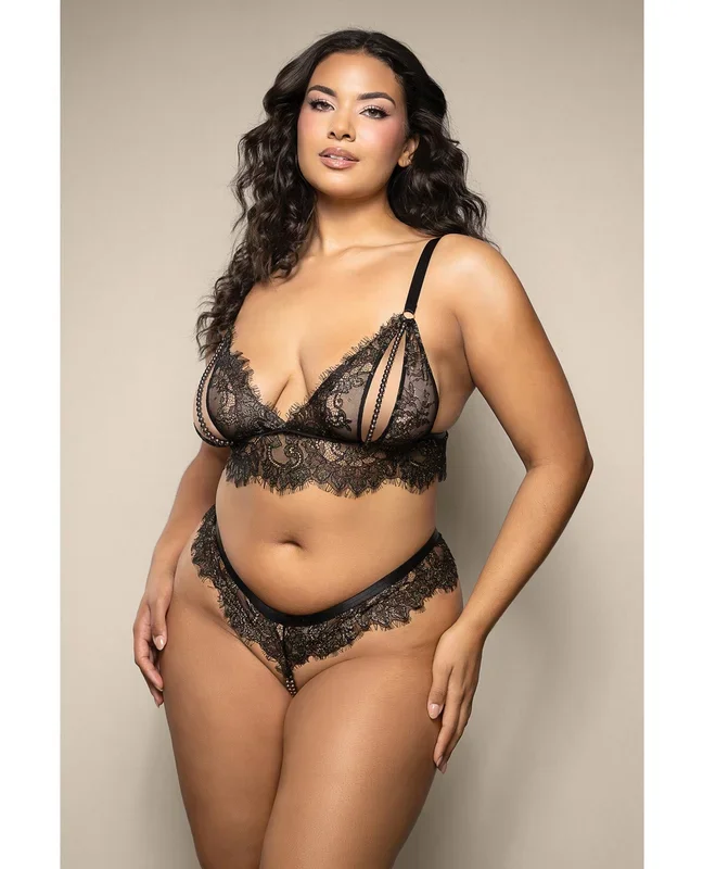 Opulence Black Pearl Bralette & Crotchless Panty Plus Size