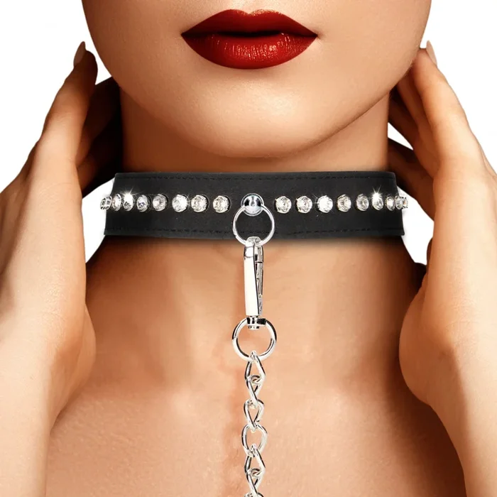 Ouch! Diamond Studded Faux Leather Collar With Chain Leash