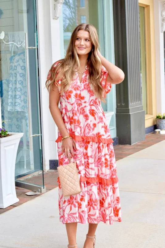 Pink & Orange Ruffle Midi Dress