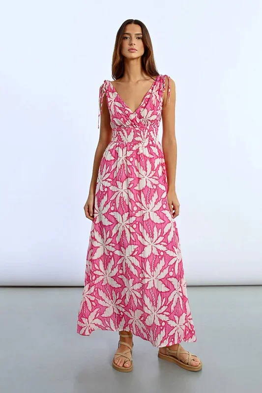 Pink Palms Deep V Maxi dress