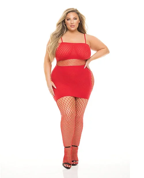 Plus Size Pink Lipstick Red Fishnet Set