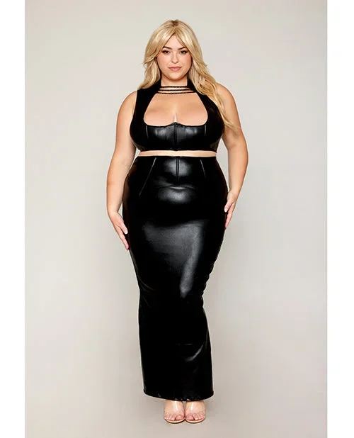 Plus Size Stretch Faux Leather Black Bra & Skirt Set 1X