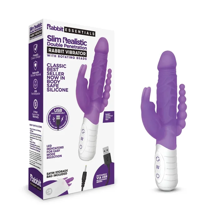 Rechargeable Slim Realistic Double Penetration Rabbit Vibrator – Purple