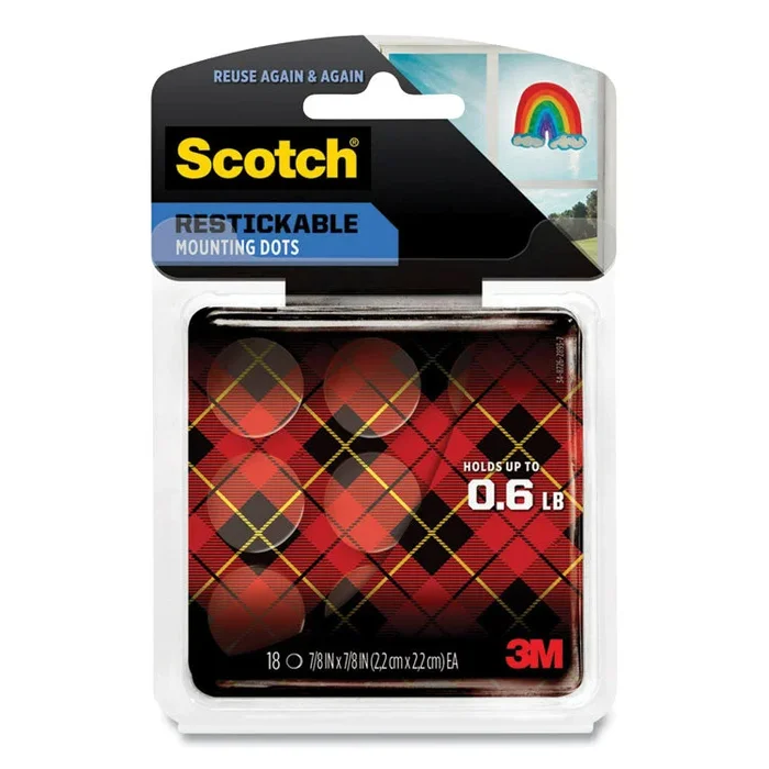 Scotch® Restickable Mounting Tabs, Repositionable, Holds Up to 0.6 lb, 0.88 x 0.88, Clear, 18/Pack (MMMR105) Pack of 18