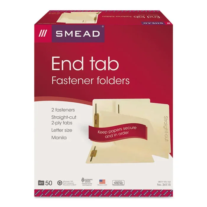 Smead™ End Tab Fastener Folders with Reinforced Straight Tabs, 11-pt Manila, 2 Fasteners, Letter Size, Manila Exterior, 50/Box (SMD34115) Box of 50