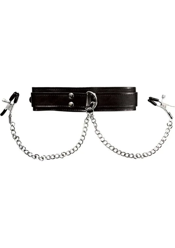 Sportsheets Collar with Nipple Clamps – Black/Silver