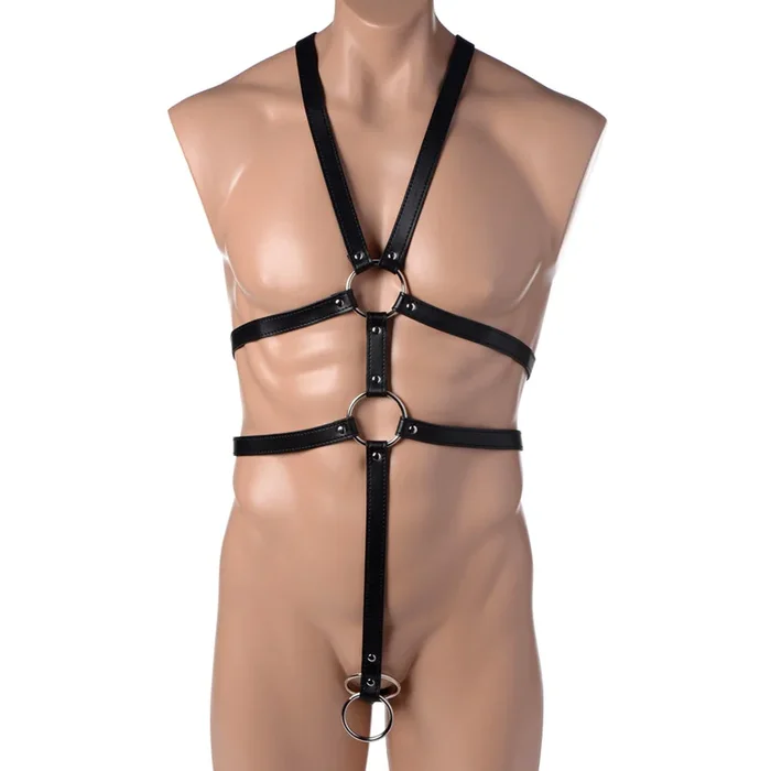 Strict Male Body Harness With Metal Cock Rings
