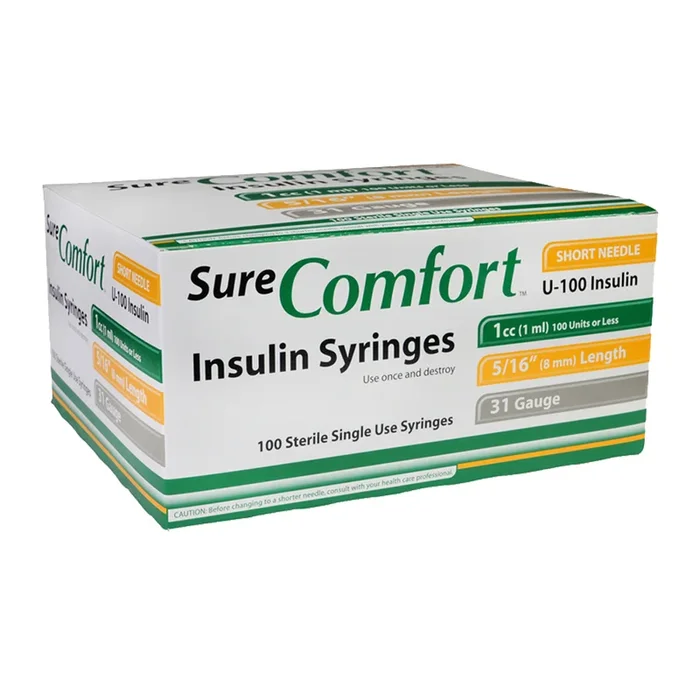 SureComfort U-100 Insulin Syringes Short Needle – 31G 1cc 5/16″ – BX 100