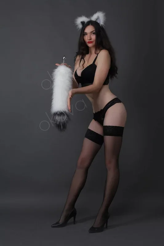 Tail butt plug white with grey tip and cat ears white with grey tip 19″