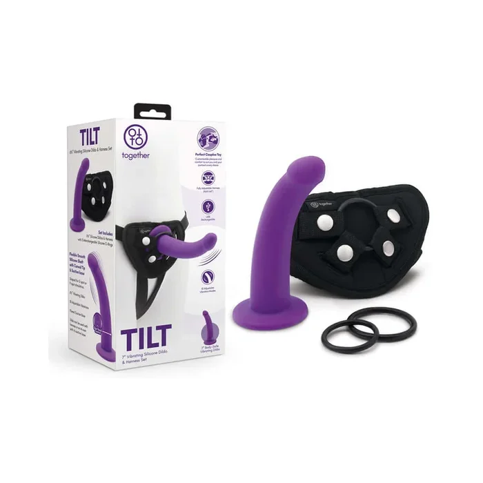 Together Tilt 7 inch Vibrating Dildo & Harness Set Purple