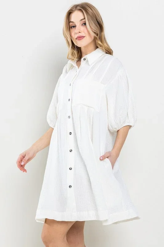 White Gauze Collared Dress